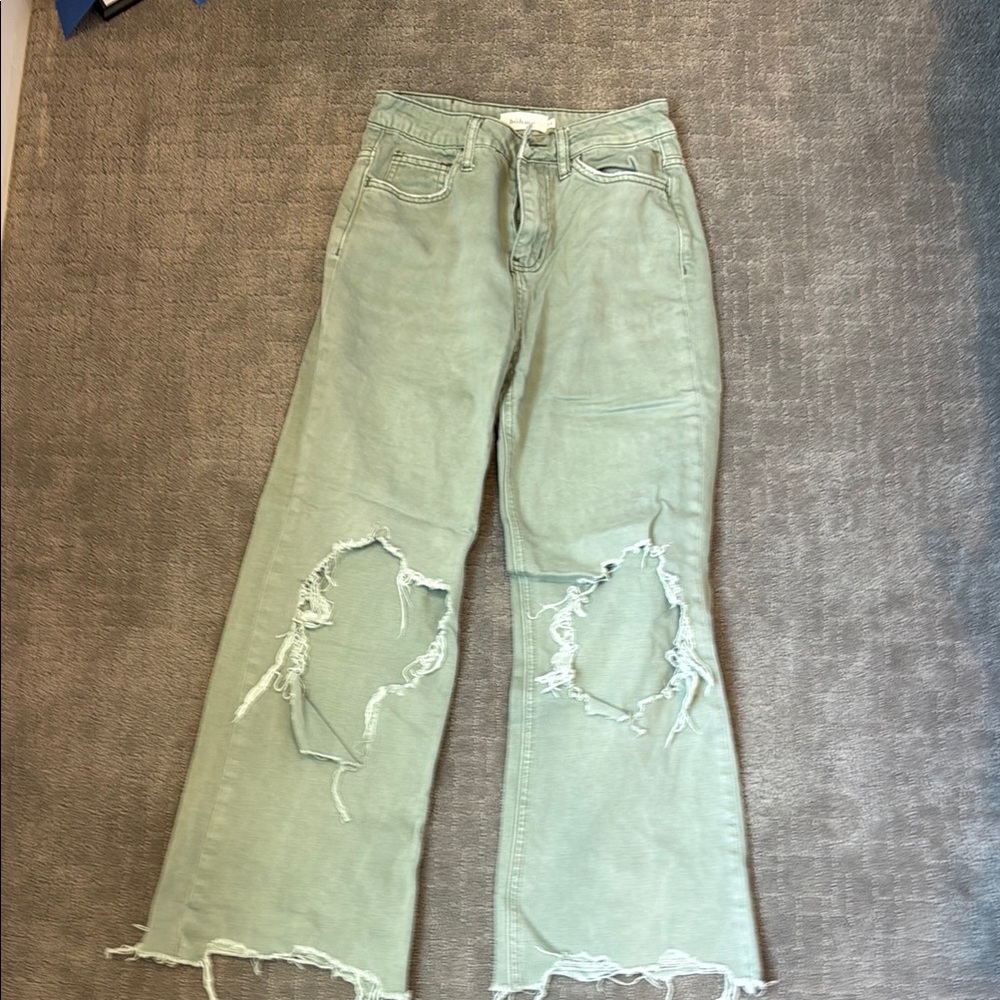 Bohme Olive Distressed Flare Jeans
